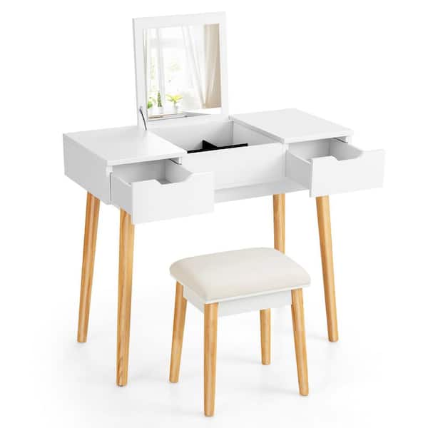 Costway White Armoire Vanity Table Set with Flip Top Mirror Drawers 9-Dividers Makeup Writing Desk 30 in. x 35.5 in. x 16 in.