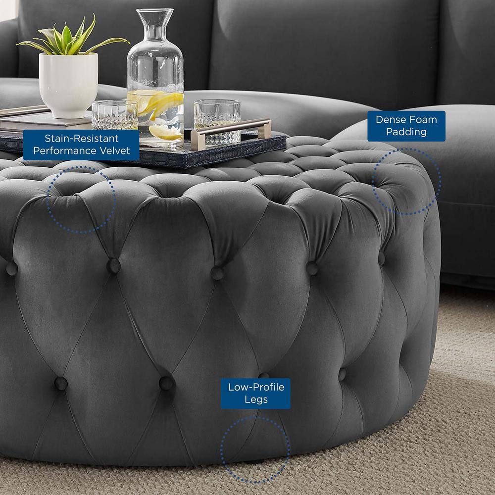 Amour Large Round Gray Velvet Tufted Ottoman
