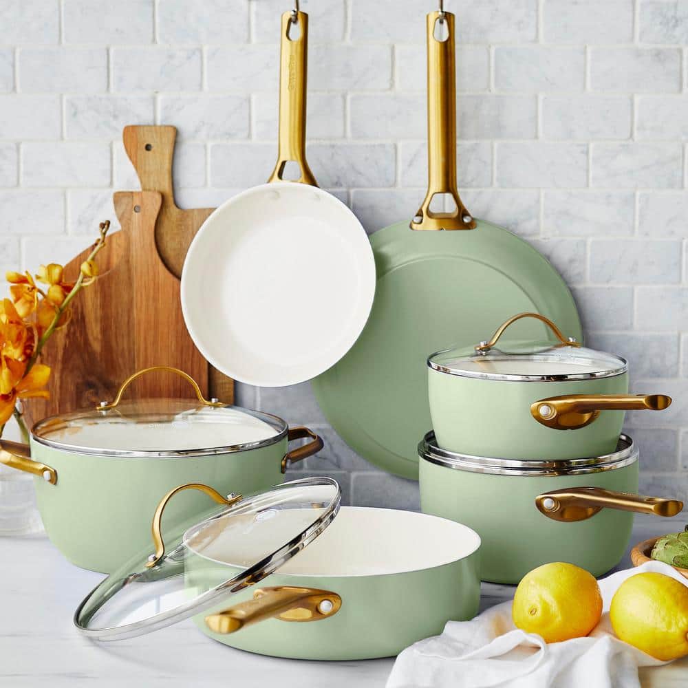 Sage Green 10-Piece Ceramic Nonstick Cookware Set with Gold Handles