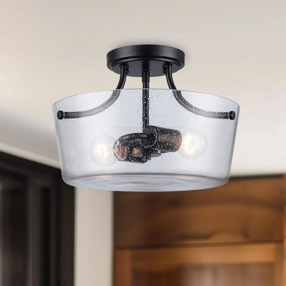 Simi 13 in. 2-Light Black Semi-Flush Mount Ceiling Light with Clear Seeded Glass Shade price history on PriceWatchPro