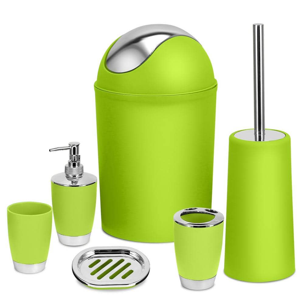 IMAVO Bathroom Accessory Set - 6 Piece Green Bathroom Accessories Set with Trash Can, Soap Dispenser, Soap Dish, Toothbrush Holder & Cup, Toilet