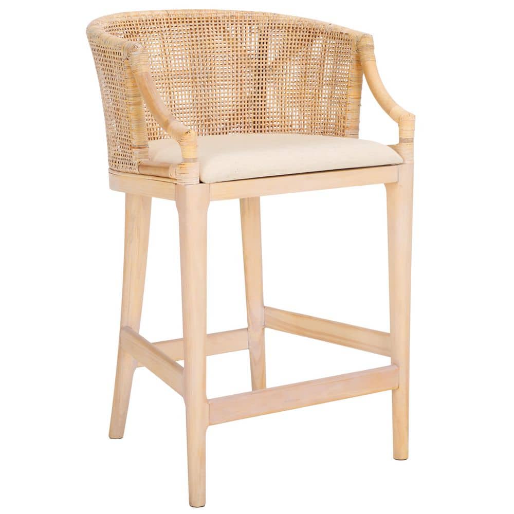 Natural White Wash Rattan and Faux Leather Extra Tall Stool