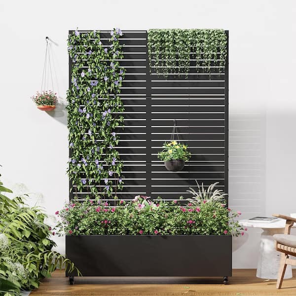 71 in. x 47 in. Black Outdoor Metal Privacy Screen Planter Box Wall Decor