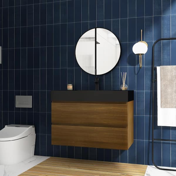 JimsMaison 36 in. W x 18 in. D x 25 in. H Single Sink Wall Mounted Bath Vanity in Dark Oak with Black Solid Surface Top