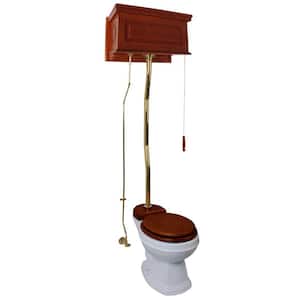 Mahogany Wooden High Tank Pull Chain Toilet 2-Piece 1.6 GPF Single Flush Elogated Bowl in White with Brass Z Pipe