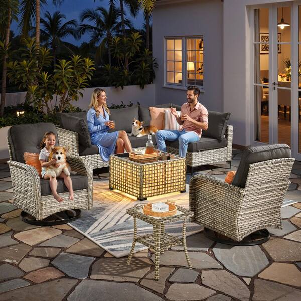 Solvoc Gray 8-Piece Wicker Outdoor Patio Conversation Set with Black Cushion, Swivel Chair, Lights Coffee Table