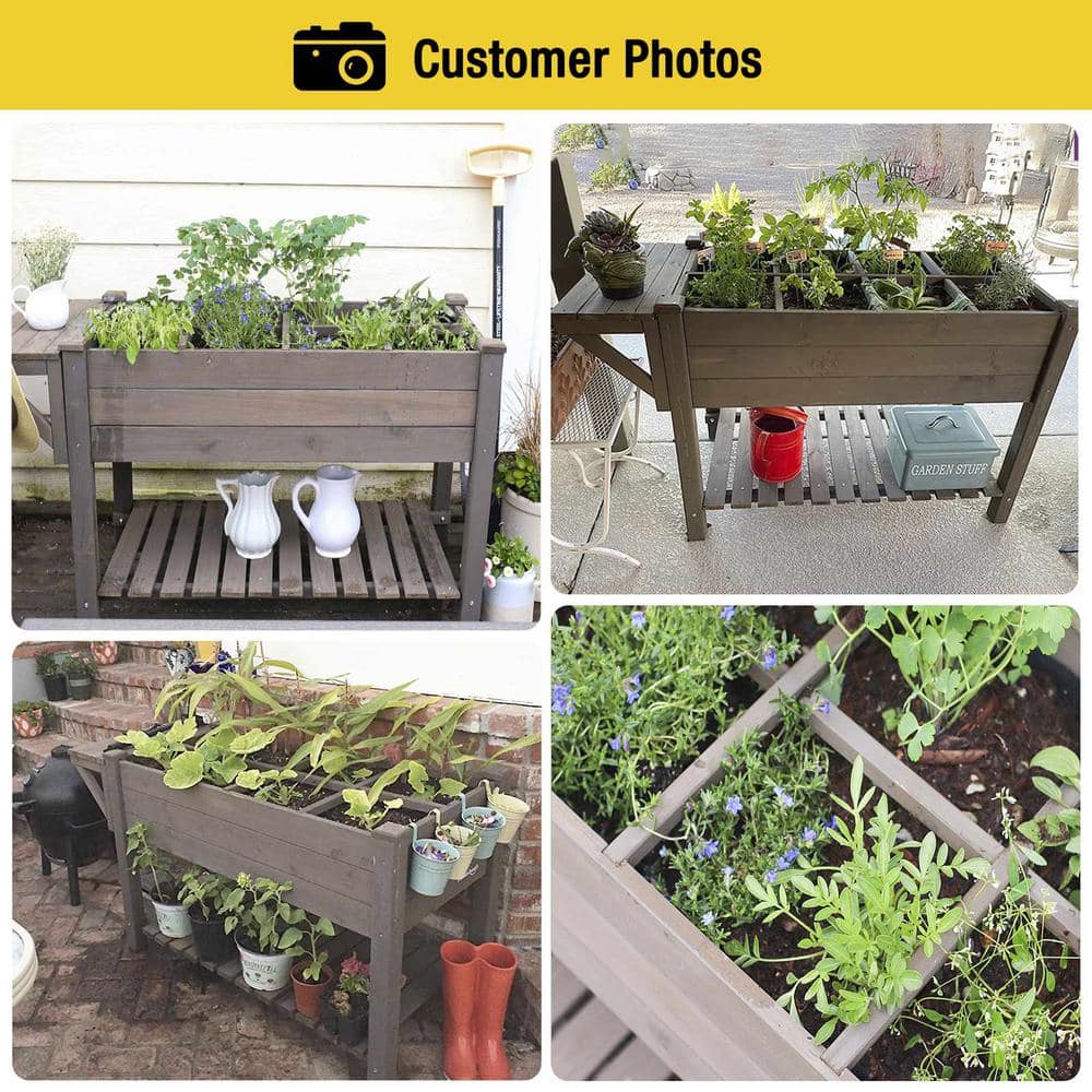 Brown Wooden Raised Garden Bed with Storage Shelf