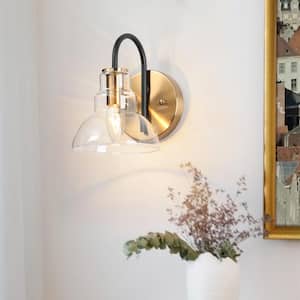 1-Light Brass-Plated Indoor Wall Sconce Lighting, Modern Farmhouse Wall Light Fixtures, Clear Glass Black Vanity Light