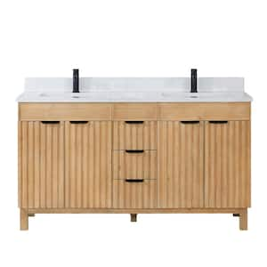 Palos 60 in. W x 22 in. D x 33.9 in. H Double Sink Bath Vanity in Fir Wood Brown with White GRain Stone Top