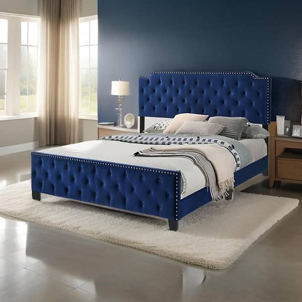 Benjara Agapi Navy and Blue Wood Frame King Size Platform Bed with Button Tufted