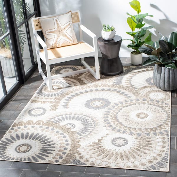 Cabana Gray/Ivory 5 ft. x 5 ft. Medallion Floral Indoor/Outdoor Square Area Rug