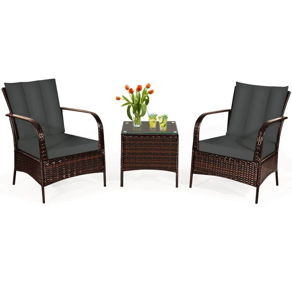 3-Piece Metal Rattan Patio Conversation Set with Gray Cushions