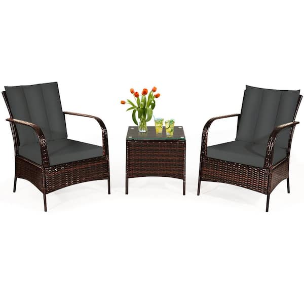 Unbranded 3-Piece Metal Rattan Patio Conversation Set with Gray Cushions