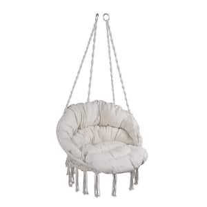 3.93 ft. Beige Hanging Cotton Rope Hammock Chair with Cushion