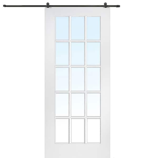 MMI DOOR 32 in. x 80 in. Primed Composite 15-Lite Clear Sliding Barn Door with Hardware Kit