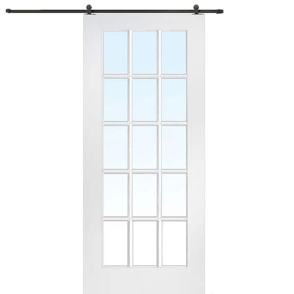 MMI Door 36 in. x 80 in. Primed Composite Clear Glass 15-Lite Sliding Barn Door with Matte Black Hardware Kit