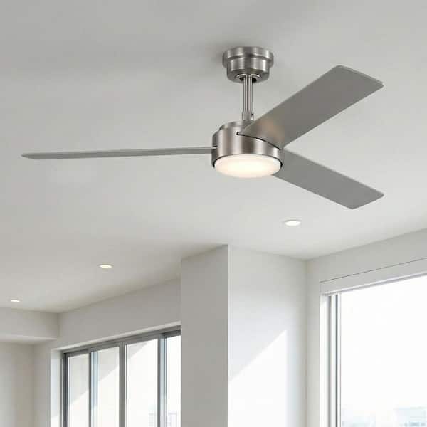 Cornwall 52 in. Brushed Nickel Downrod Standard Ceiling Fan with 3-Blades, White Adjustable LED, DC Motor, and Remote