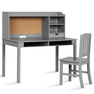 2-Pieces Kids Desk and Chair Set Rectangular Wood Top Gray Study Writing Desk with Hutch, Bookshelves