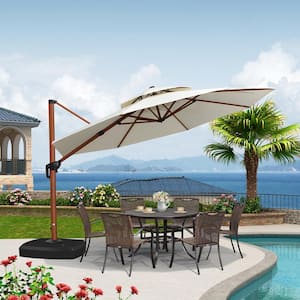 12 ft. Octagon High-Quality Wood Pattern Aluminum Cantilever Polyester Patio Umbrella with Wheels Base, Cream
