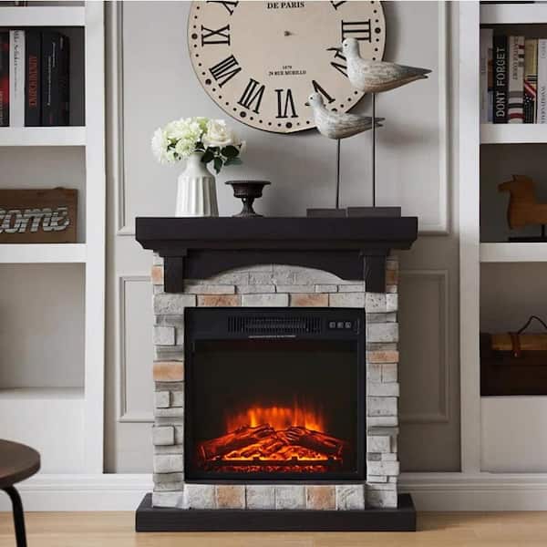 EDYO LIVING 28 in. Gray Freestanding Faux Stone Infrared Electric Fireplace with Mantel