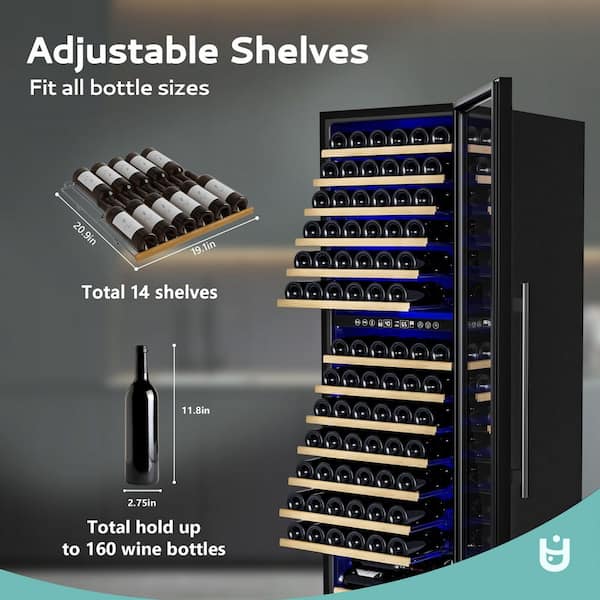 23.5 in. Dual Zone 160-Bottle Wine Cooler with Lock in Black, Adjustable Shelves
