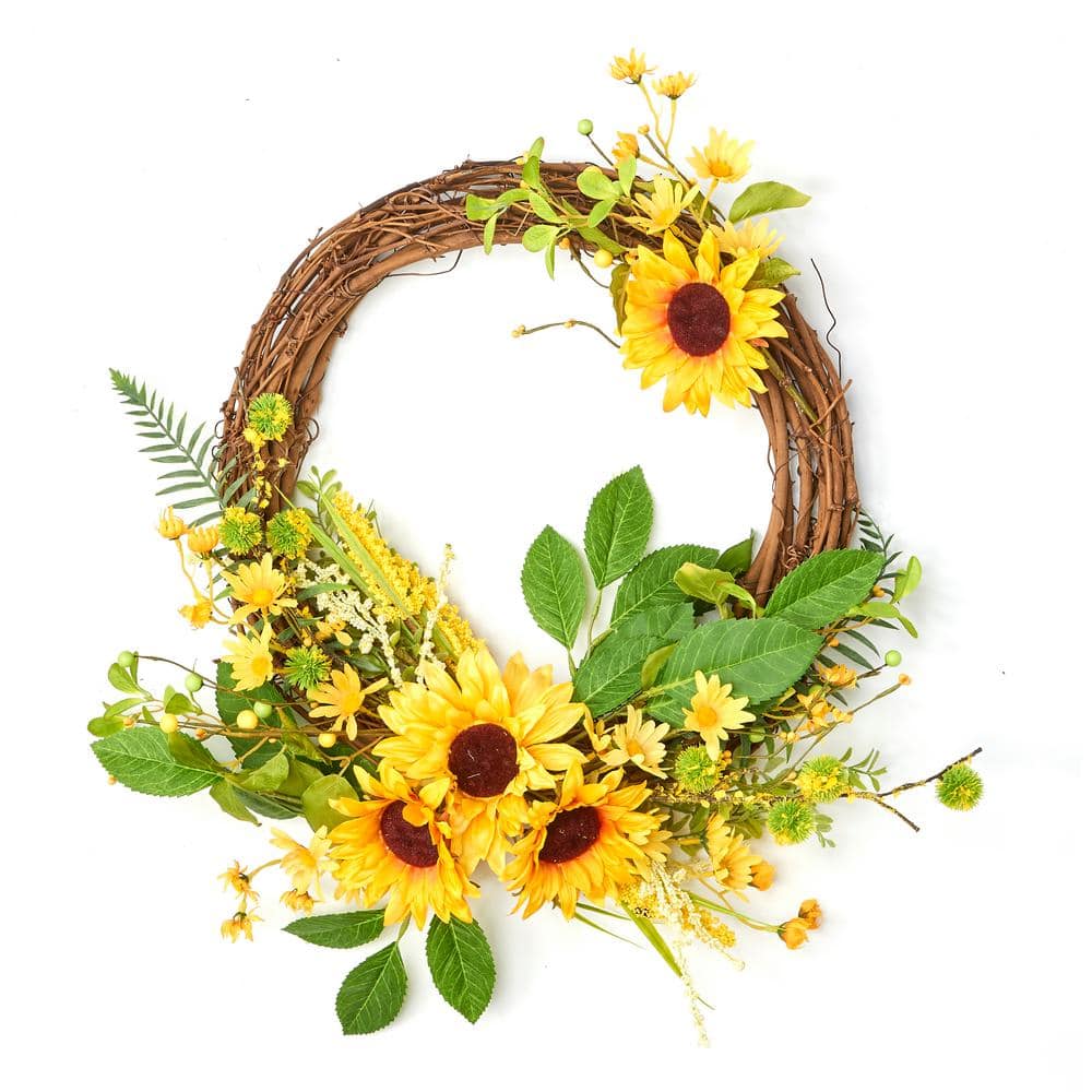 24 in. Artificial Sunflowers and Green Leaves Half Grapevine Wreath