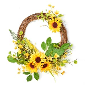 24 in. Artificial Sunflowers and Green Leaves Half Grapevine Wreath