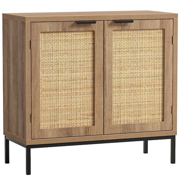 Aupodin Rustic Oak Accent Storage Cabinet with 2 Rattan Doors Mid Century Natural Wood Sideboard Furniture