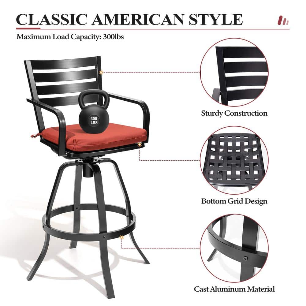 Red Cushioned Black Cast Aluminum Swivel Bar Height Armchair