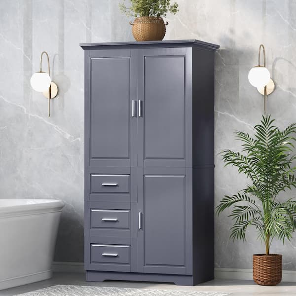 32.6 in. W x 19.6 in. D x 62.2 in. H Gray Bathroom Storage Linen Cabinet with Adjustable Shelf