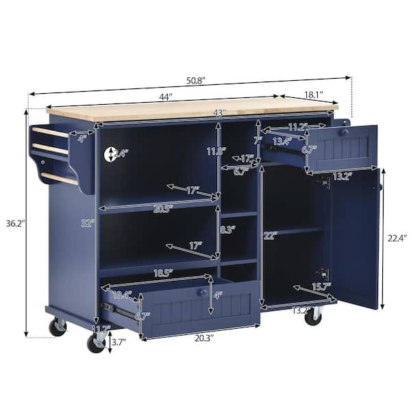 Blue Rubber Wood Countertop 53.1 in. W Kitchen Island on 5-Wheels with 8  Handle-Free Drawers and Flatware Organizer ktkhwy14 - The Home Depot