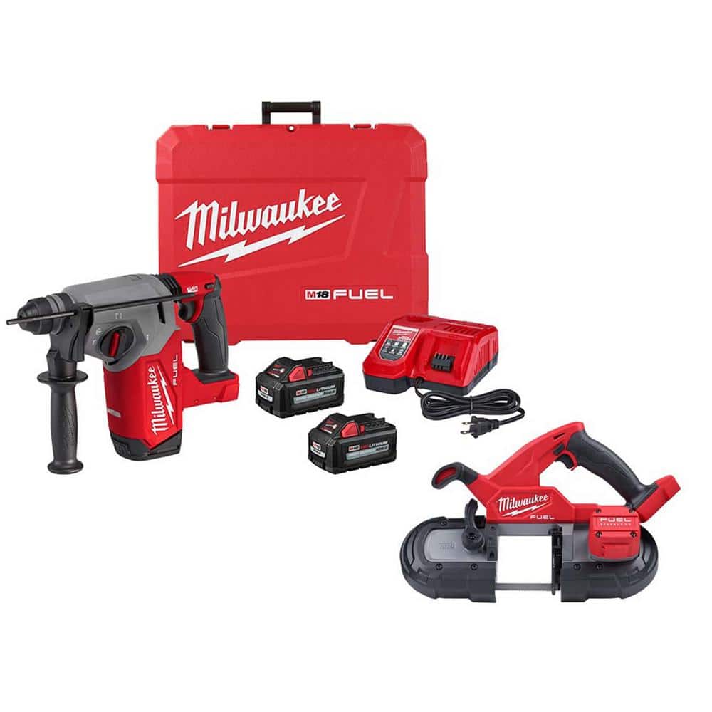 Milwaukee M18 FUEL 18V Lithium-Ion Brushless 1 in. Cordless SDS-Plus Rotary Hammer Kit w/FUEL Compact Bandsaw -  2912-22-2829