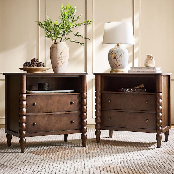 Feodo Walnut 3-Drawer 28 in. W Nightstand with Built-In Charge Station (Set of 2)