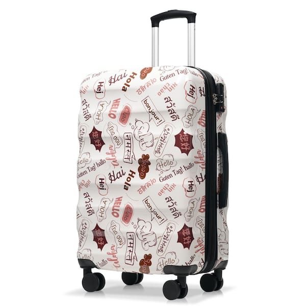 24 in. White Glossy Hardshell Lightweight Spinner Suitcase Carry-on Luggage with TSA Lock and Brown Pattern
