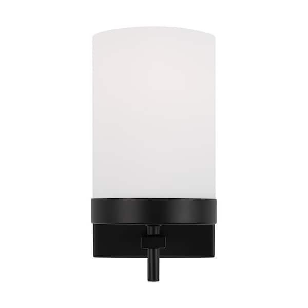 Generation Lighting Zire 4.375 in. 1-Light Midnight Black Bathroom Vanity Light with Etched White Glass Shade
