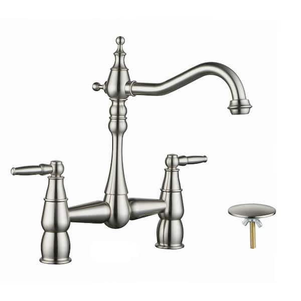 ARCORA Double-Handle Bridge Kitchen Faucet with Sink Hole Cover in Brushed Nickel