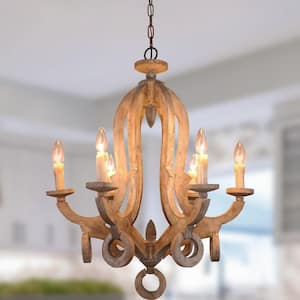 6-Light Weathered Wood Shabby Chic Candle-style Wooden Chandelier with Antique