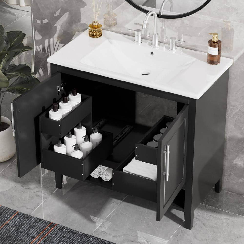 Nestfair 36 in. W x 18.3 in. D x 33.3 in. H Single Sink Freestanding Bath Vantiy in Black with White Ceramic Top