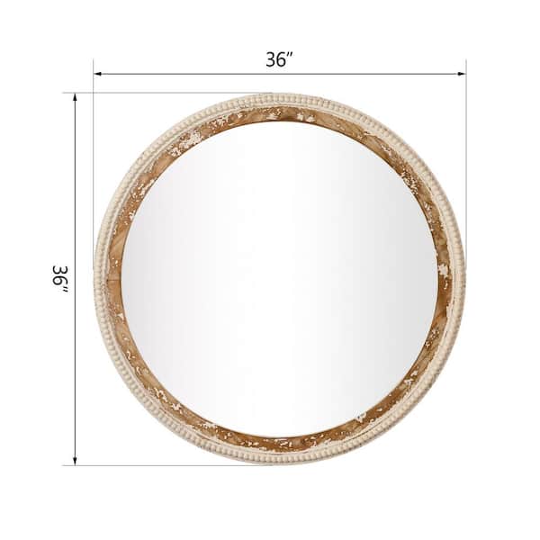 36 in. W x 36 in. H Natural Wood Color Round Framed Wall Bathroom Vanity Mirror with Beaded in Antique White