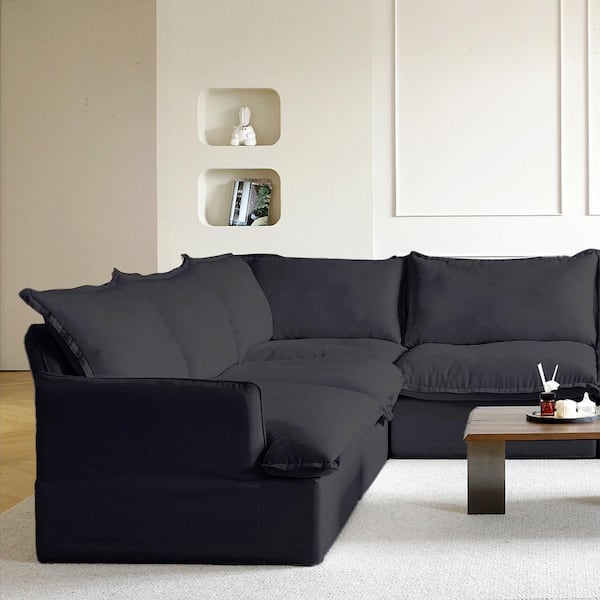 123 in. Flared Arm 4-Piece Overstuffed Linen Flannel L-shaped Deep Seat Sectional Sofa Cloud Couch Right Facing in Black