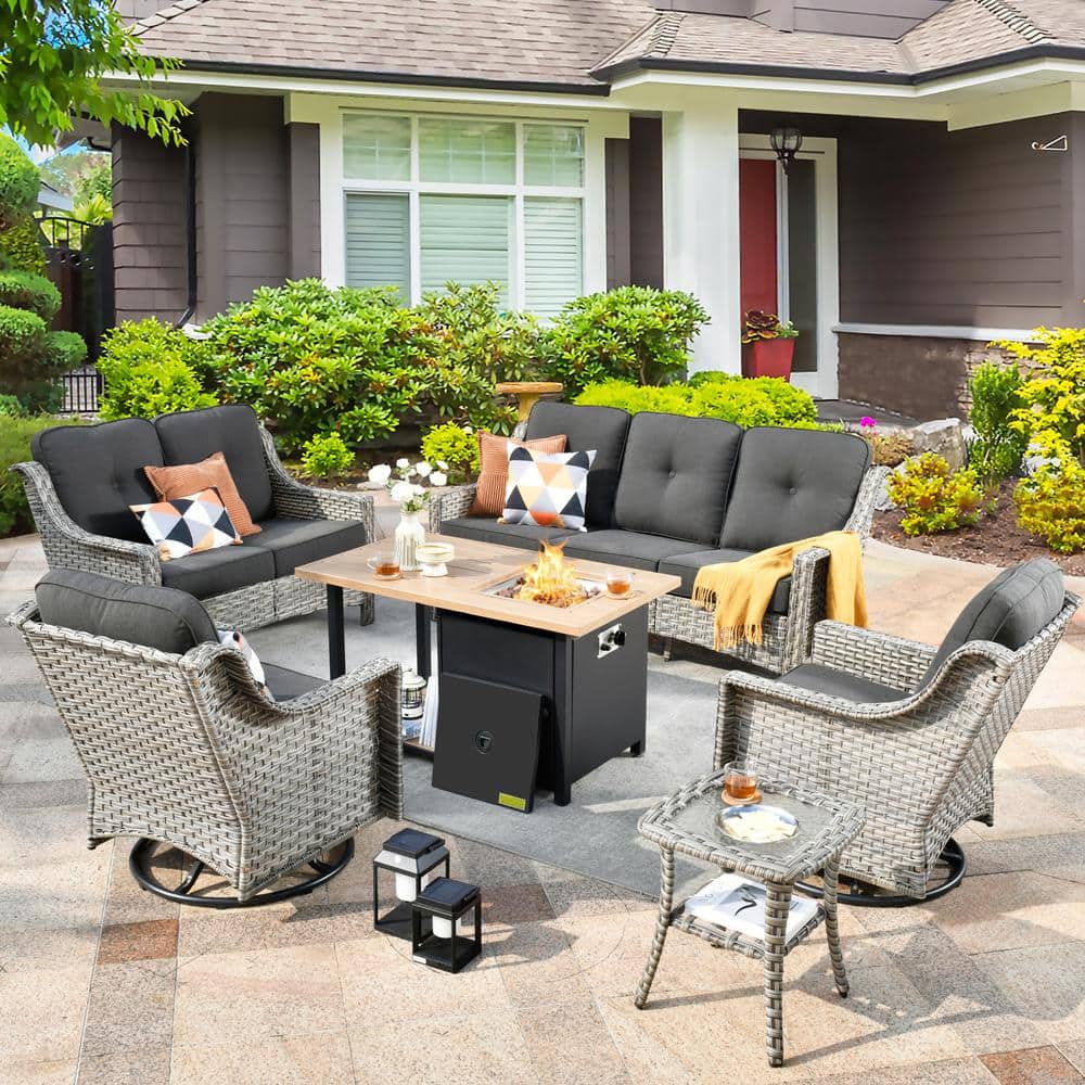 Tulip M Gray 6-Piece Wicker Patio Storage Fire Pit Conversation Set with Swivel Rocking Chairs and Black Cushions price history on PriceWatchPro