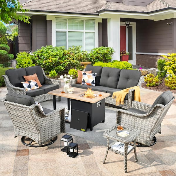 weaxty W Tulip M Gray 6-Piece Wicker Patio Storage Fire Pit Conversation Set with Swivel Rocking Chairs and Black Cushions