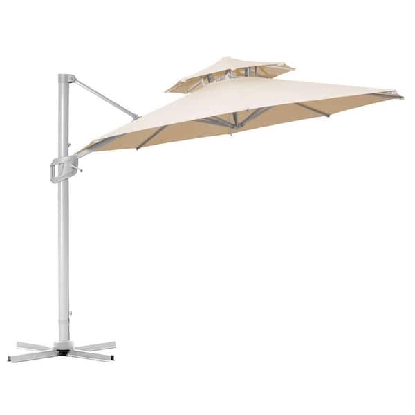 PASAMIC 12 ft. 2-Tier Aluminum Round Cantilever Offset Umbrella Patio Umbrella, 360 Rotation And Pole Cross Base in Beige