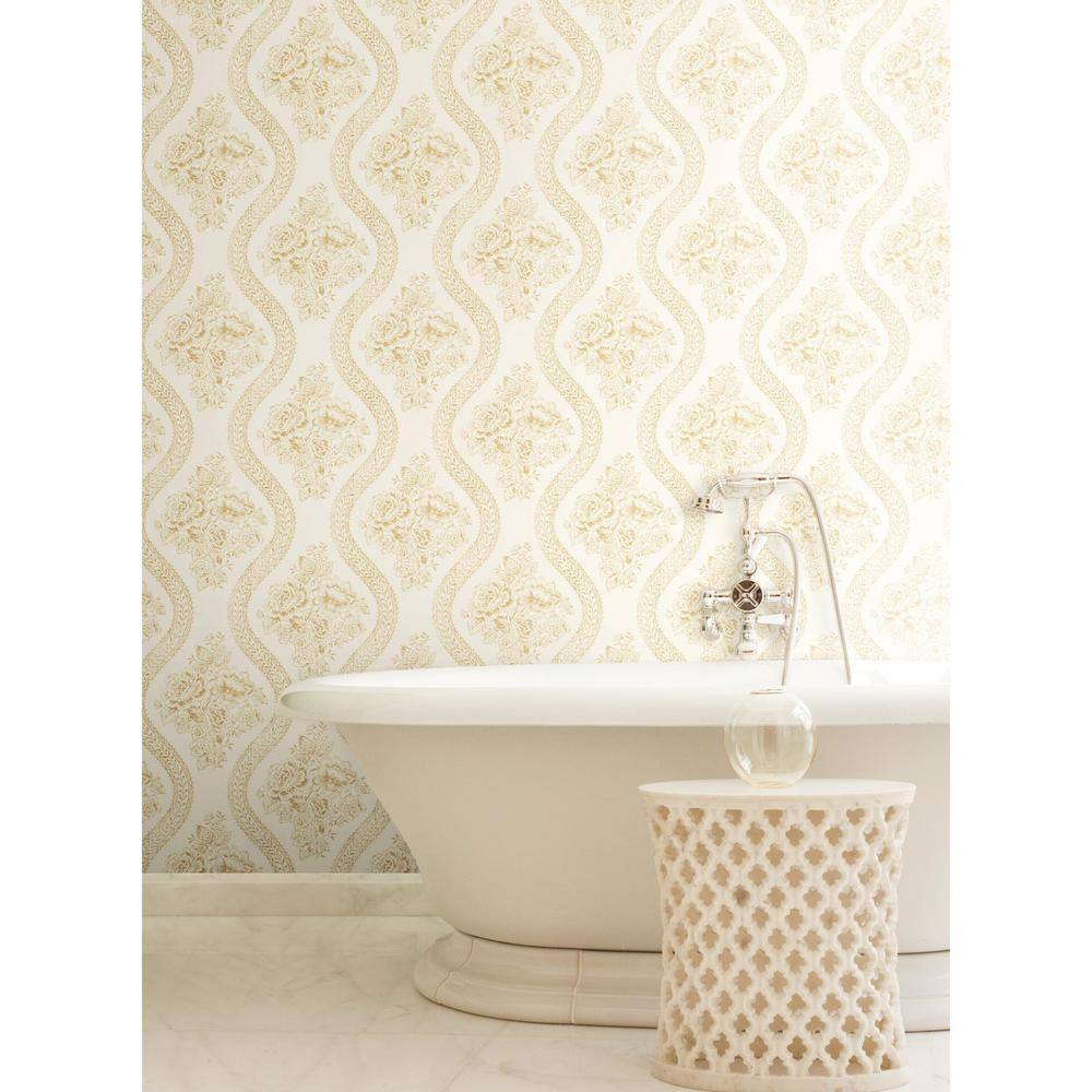 Yellow and Off-White Floral Pre-Pasted Vinyl Wallpaper