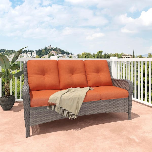 3-Seat Wicker Outdoor Patio Sofa Sectional Couch with Orange Cushions