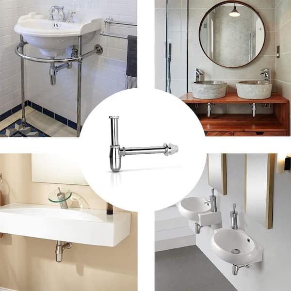 1-Piece Brass Bathroom Sink P-Trap Pipe in Chrome, Slip Inlet Bathroom Sink Waste Pipe Drain Tube Kit for Undermount