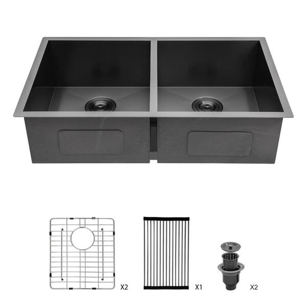 WELLFOR 33 in. Undermount Double Bowl 18-Gauge Gunmetal Black Stainless Steel Kitchen Sink with Grids, Strainer, Drying Rack