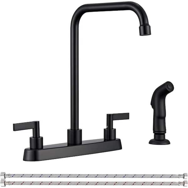 Double Handle Deck Mount Standard Kitchen Faucet, 4-Hole 8 in. Kitchen Sink Faucet with Side Sprayer in Matte Black