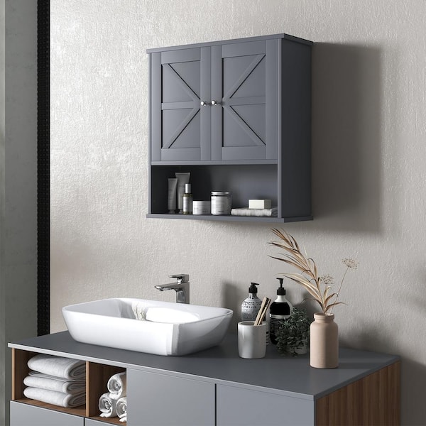 23 in. W x 24 in. H Farmhouse Rectangular Gray Surface Mount Medicine Cabinet without Mirror with Adjustable Shelf
