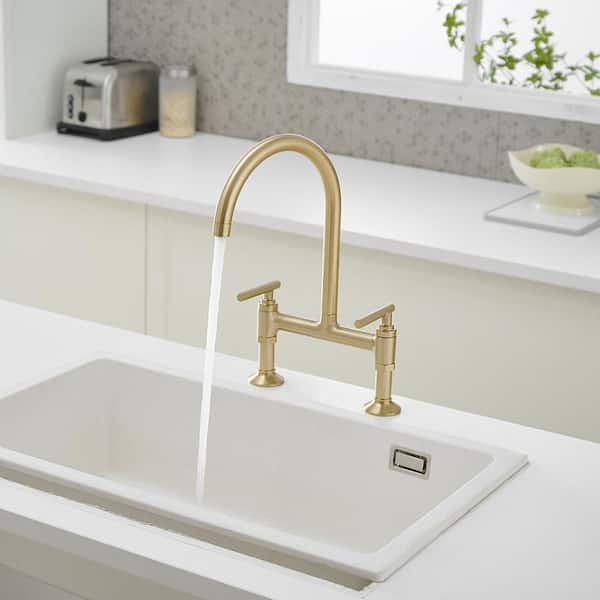 Double Handle Bridge Kitchen Faucet in Brushed Gold